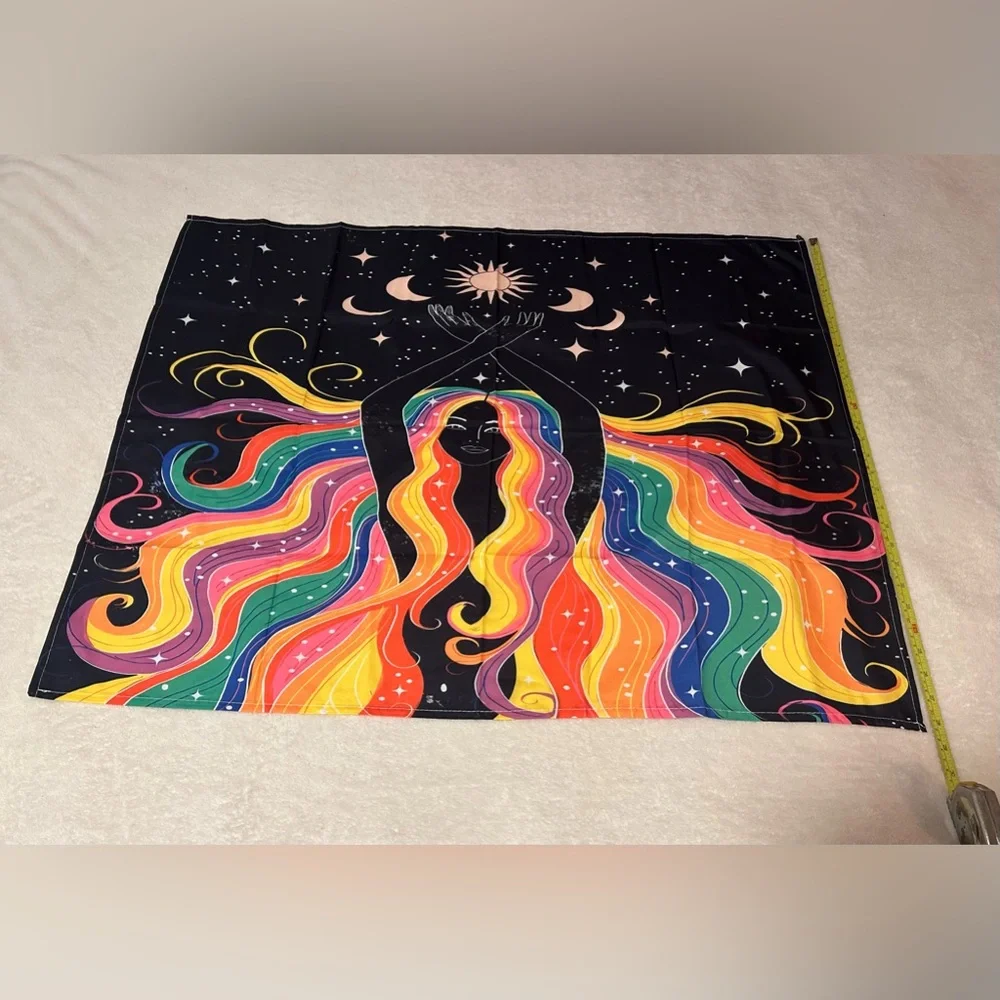 Rainbow Goddess moon phases sun solar tapestry she her flowing hair star moon